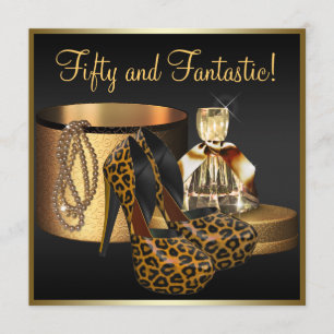 Leopard-Goldfrauen mit High Heel Schuhe 50. Geburt Einladung
