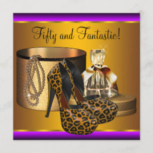 Leopard-Goldfrauen mit High Heel Schuhe 50. Geburt Einladung