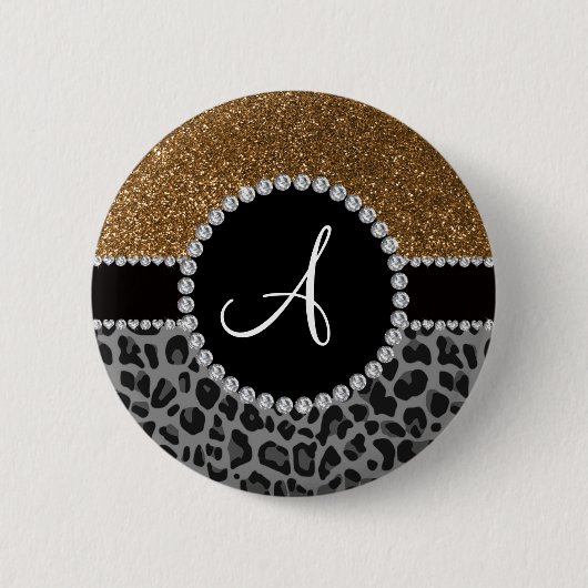 Leopard-GoldGlitter des Monogramms schwarzer Button (Vorderseite)