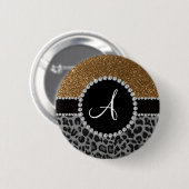 Leopard-GoldGlitter des Monogramms schwarzer Button (Vorne & Hinten)