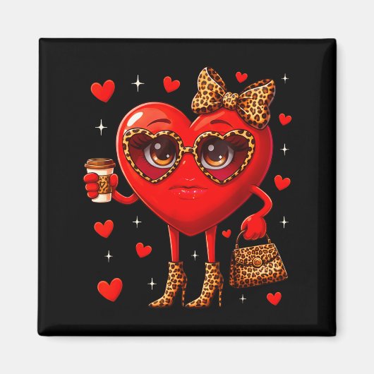 Leopard Heart Drinking Coffee Valentines Day Women Magnet (Vorne)