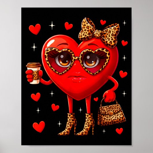 Leopard Heart Drinking Coffee Valentines Day Women Poster (Vorne)
