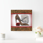 Leopard & High Heel & Rote Rose Quadratische Wanduhr (Zuhause)