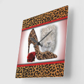 Leopard & High Heel & Rote Rose Quadratische Wanduhr (Winkel)