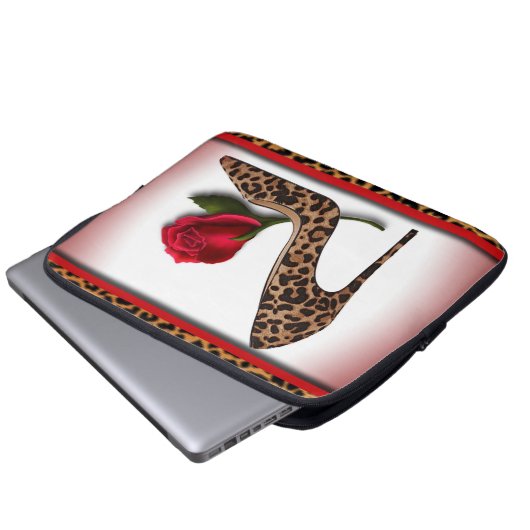 Leopard-hohe Ferse u. Rote Rose Laptopschutzhülle (Vorne Knopf)