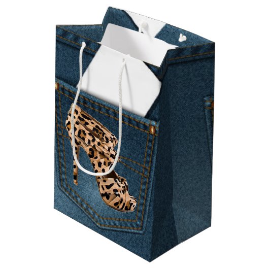 Leopard-hoher Absatz u. blaue Jean-Muster-Tasche Mittlere Geschenktüte (Rückseite Schrägansicht)