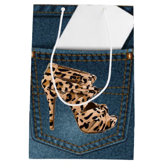 Leopard-hoher Absatz u. blaue Jean-Muster-Tasche Mittlere Geschenktüte (Rückseite)