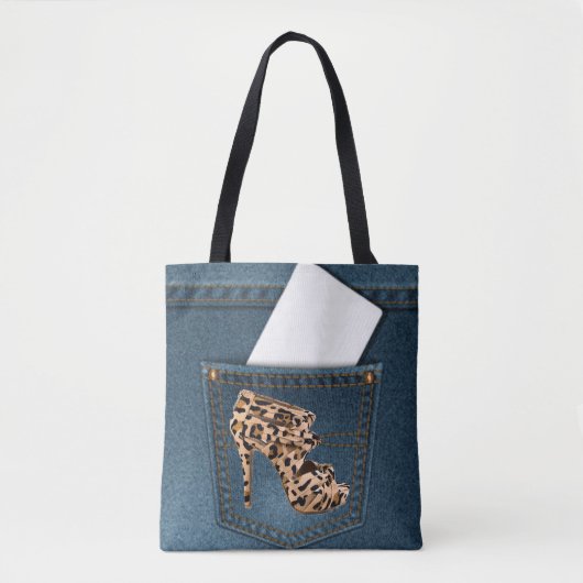 Leopard-hoher Absatz u. blaue Jean-Muster-Tasche Tasche (Vorderseite)