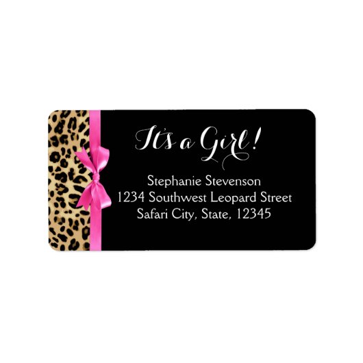 Leopard Hot Pink Bow The a Girl Safari Babydusche Adressaufkleber (Vorne)