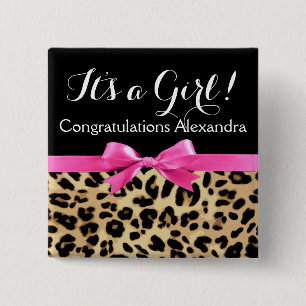 Leopard Hot Pink Bow The a Girl Safari Babydusche Button