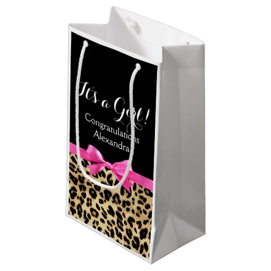 Leopard Hot Pink Bow The a Girl Safari Babydusche Kleine Geschenktüte (Vorderseite Schrägansicht)