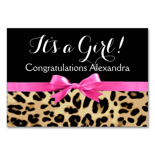 Leopard Hot Pink Bow The a Girl Safari Babydusche Tischnummer (Rückseite)