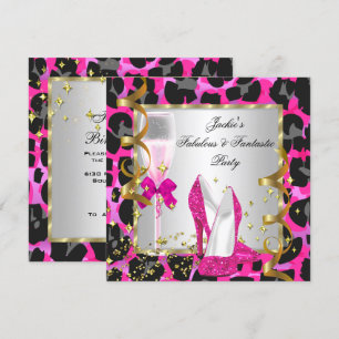 Leopard Hot Pink Schwarz Silber Geburtstagsfeier Einladung