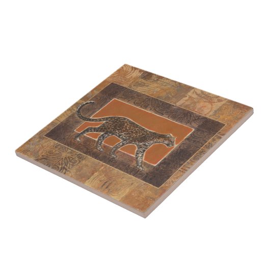 Leopard im orangefarbenen und braunen Hintergrund Fliese (Seite)