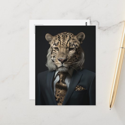 Leopard in der Fantasiekunst eines Business Anzugs Postkarte (Vorderseite/Rückseite Beispiel)
