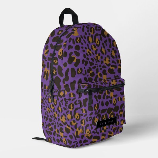 Leopard Jaguar Animal Print Lila Individuelle Name Bedruckter Rucksack (Rückseitige Ecke links)
