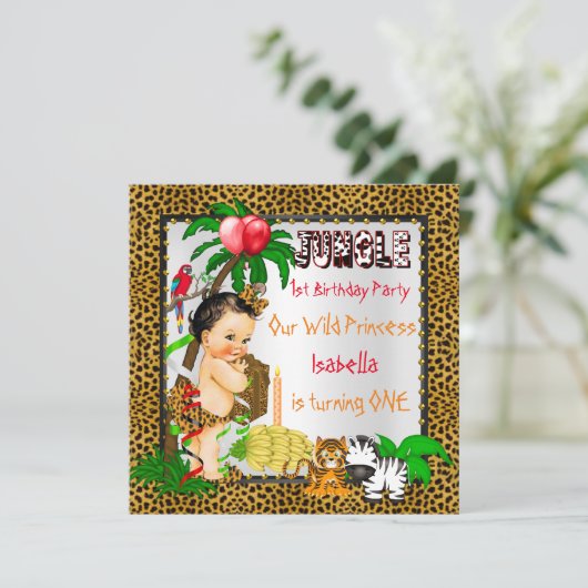 Leopard Jungle Safari Brünett Einladung (Stehend Vorderseite)