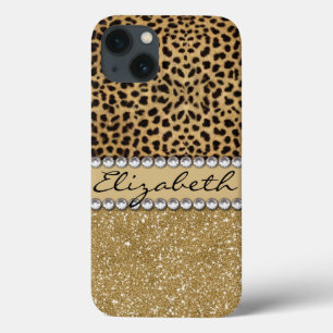 Leopard-Kassagold-Glitzer-diamante de imitación iPhone 13 Hülle