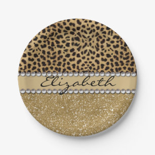 Leopard-Kassagold-Glitzer-diamante de imitación Pappteller