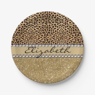 Leopard-Kassagold-Glitzer-diamante de imitación Pappteller