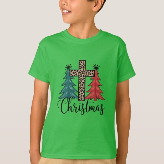 Leopard Kreuz Weihnachtsbäume Christlich T-Shirt (Vorderseite)