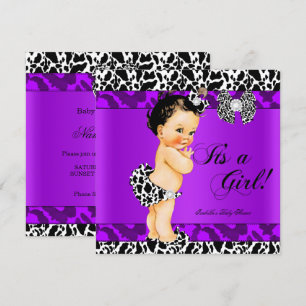 Leopard Kuh Lila Mädchen Baby Shower Brünette Baby Einladung