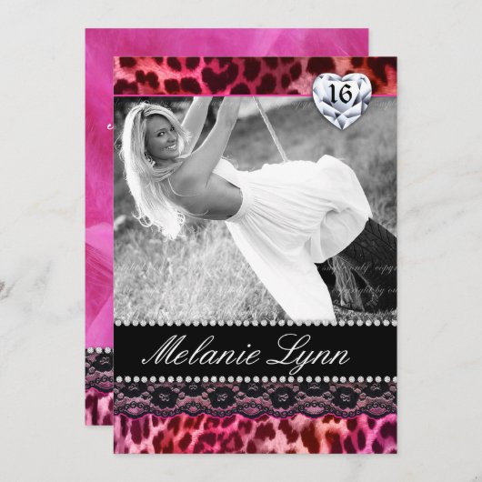 Leopard Lace Sweet 16 Party Einladendes Herz Rosa Einladung (Vorne/Hinten)
