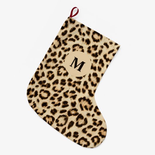 Leopard Leder Druckmuster Monogramm Großer Weihnachtsstrumpf (Vorderansicht (hängend))