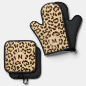 Leopard Leder Druckmuster Monogramm Ofenhandschuh & Topflappen-Set (Vorderseite/Rückseite)