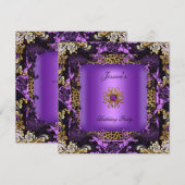 Leopard Lila Gold Black Birthday Party Floral Einladung (Vorne/Hinten)