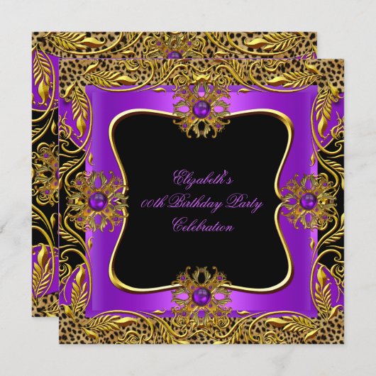 Leopard Lila Gold Jewel Black Birthday Party Einladung (Vorne/Hinten)