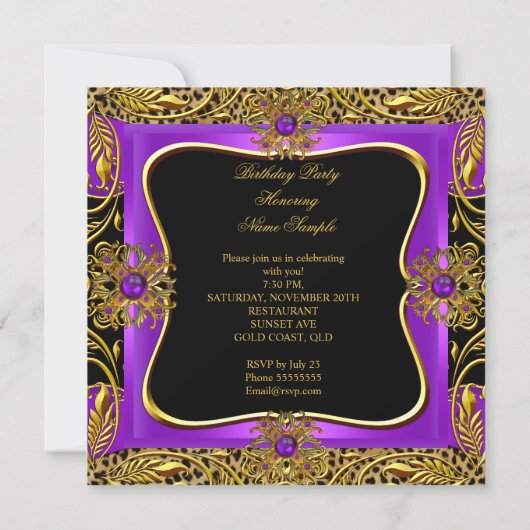 Leopard Lila Gold Jewel Black Birthday Party Einladung (Rückseite)