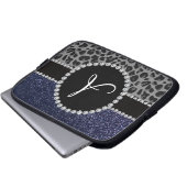 Leopard-Marineblau-Glitter des Monogramms Laptopschutzhülle (Vorne Knopf)