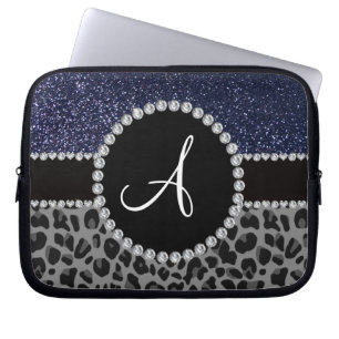 Leopard-Marineblau-Glitter des Monogramms Laptopschutzhülle