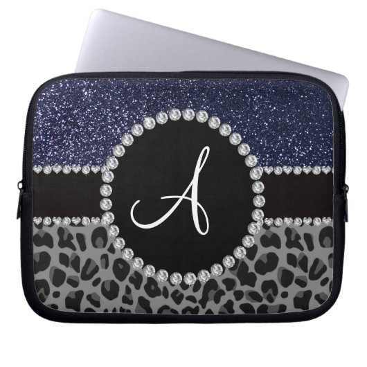 Leopard-Marineblau-Glitter des Monogramms Laptopschutzhülle (Vorderseite)