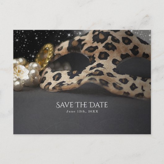 Leopard Masquerade Mask & Pearl Save the Date Ankündigungspostkarte (Vorderseite)