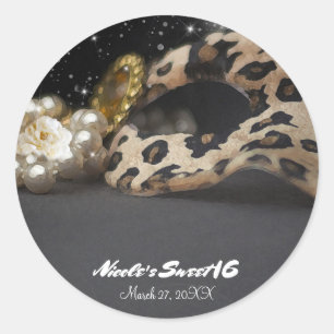 Leopard Masquerade Mask & Pearls Gastgeschenk Runder Aufkleber