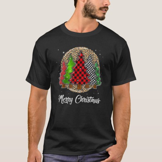 Leopard Merry Christmas Tree Red Green Kariert Pin T-Shirt (Vorderseite)