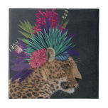 Leopard mit tropischem Kopfteil Fliese<br><div class="desc">Hot House Leopard 1 von Fab Funky. Eine Leoparden-Erholung mit tropischen Blume und Grünpflanzen auf dem Kopf wie ein Kopfstück. | 192441GG</div>