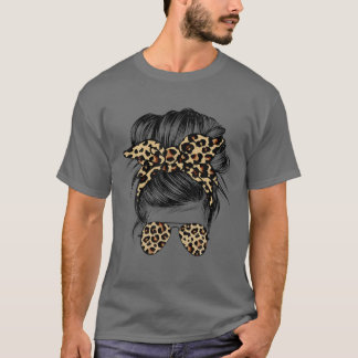 Leopard Mom Messy Bun Hair Sunglasses Headband Wom T-Shirt