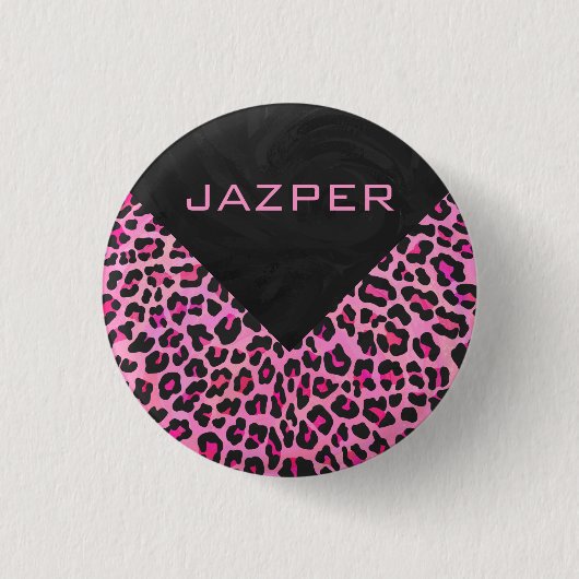 Leopard-Monogramm, Schwarz und Heiß-Rosa Button (Vorderseite)