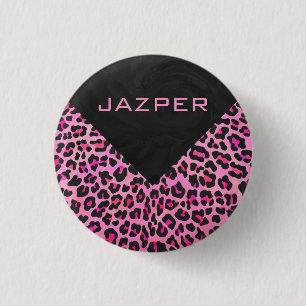 Leopard-Monogramm, Schwarz und Heiß-Rosa Button