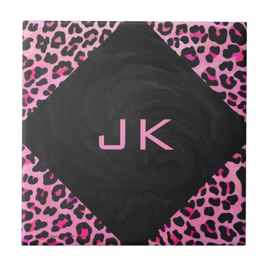 Leopard-Monogramm, Schwarz und Heiß-Rosa Fliese (Vorderseite)