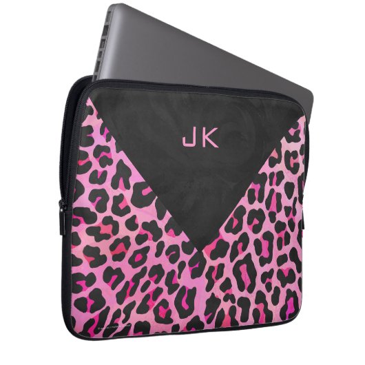 Leopard-Monogramm, Schwarz und Heiß-Rosa Laptopschutzhülle (Vorne Rechts)