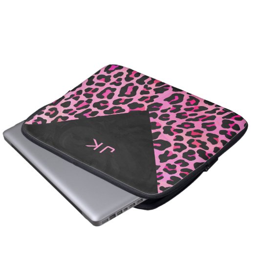 Leopard-Monogramm, Schwarz und Heiß-Rosa Laptopschutzhülle (Vorne Knopf)