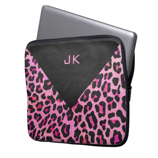 Leopard-Monogramm, Schwarz und Heiß-Rosa Laptopschutzhülle (Vorderseite Links)
