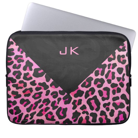 Leopard-Monogramm, Schwarz und Heiß-Rosa Laptopschutzhülle (Vorderseite)