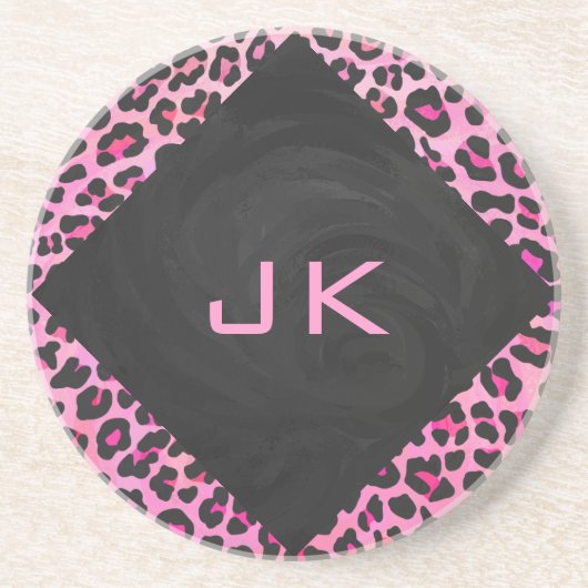 Leopard-Monogramm, Schwarz und Heiß-Rosa Sandstein Untersetzer (Vorne)