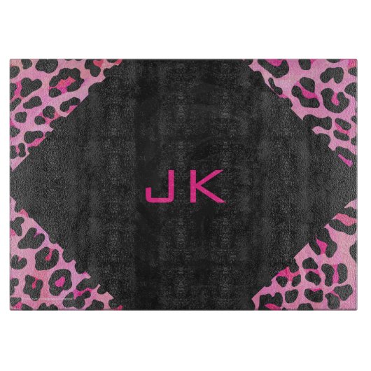 Leopard-Monogramm, Schwarz und Heiß-Rosa Schneidebrett (Vorderseite)