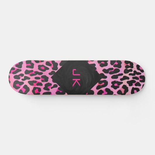 Leopard-Monogramm, Schwarz und Heiß-Rosa Skateboard (Horizontal)